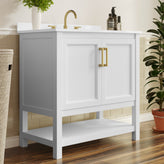 Vega 36" Bathroom Vanity with Sink, Storage Cabinet with Gold Hardware, Soft Close Doors & Open Shelf, Carrara Marble Finish Countertop, White/White