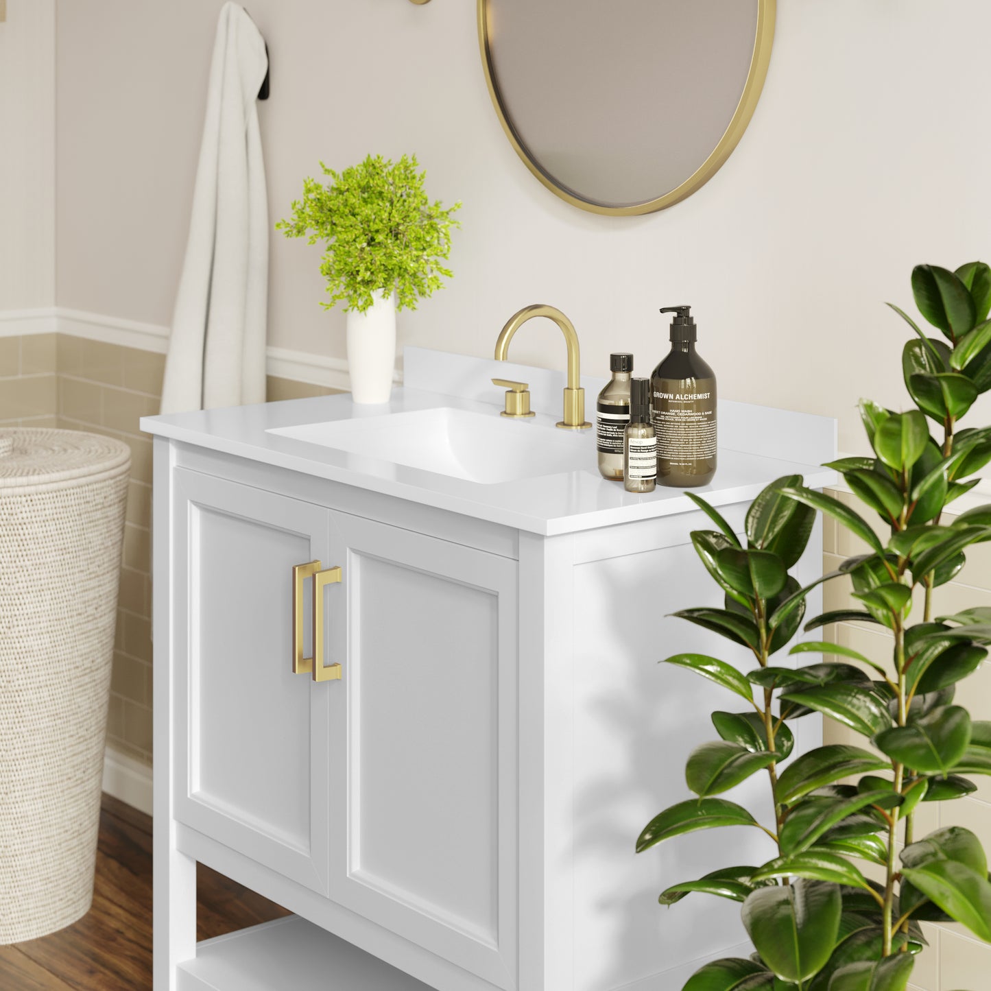 Vega 36" Bathroom Vanity with Sink, Storage Cabinet with Gold Hardware, Soft Close Doors & Open Shelf, Carrara Marble Finish Countertop, White/White