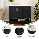 Vega 42 Inch Bathroom Vanity with Sink, Storage Cabinet with Soft Close Doors, Open Shelf and 3 Drawers, Carrara Marble Finish Countertop, Black
