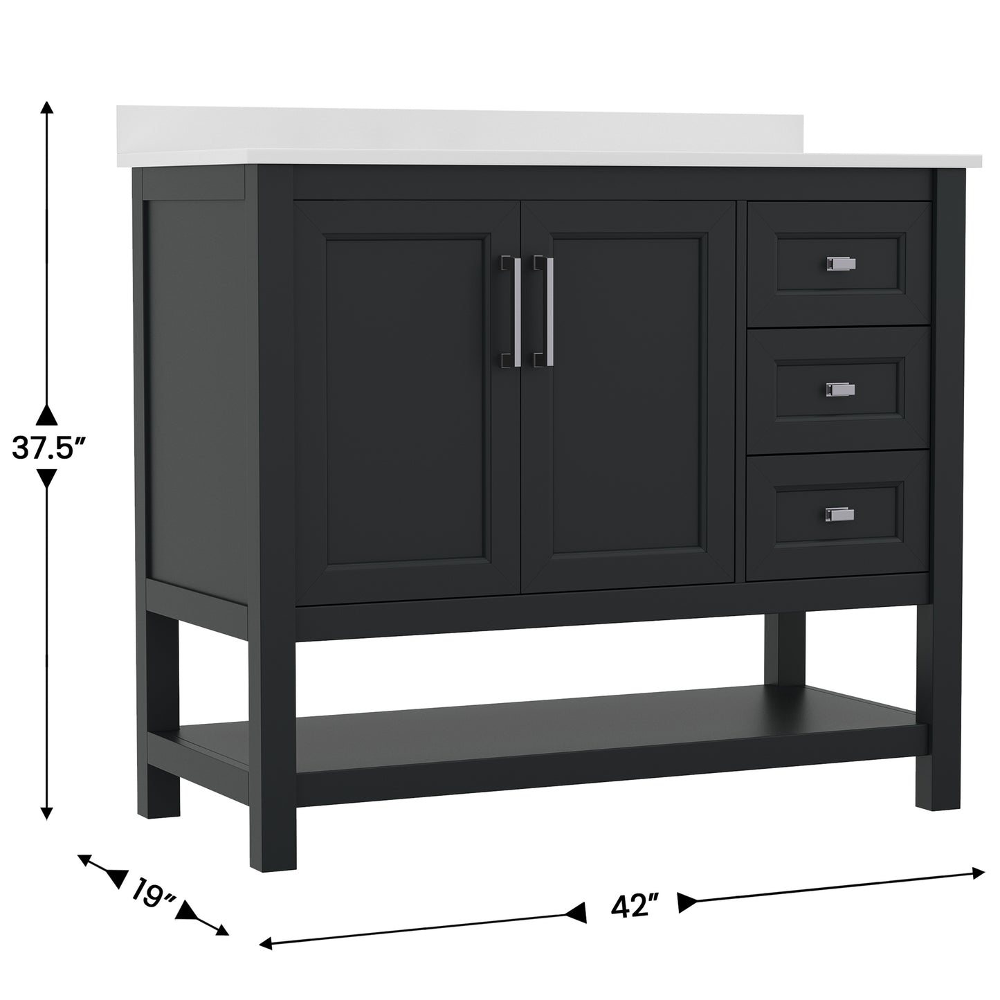 Vega 42 Inch Bathroom Vanity with Sink, Storage Cabinet with Soft Close Doors, Open Shelf and 3 Drawers, Carrara Marble Finish Countertop, Black