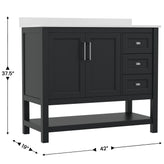 Vega 42 Inch Bathroom Vanity with Sink, Storage Cabinet with Soft Close Doors, Open Shelf and 3 Drawers, Carrara Marble Finish Countertop, Black