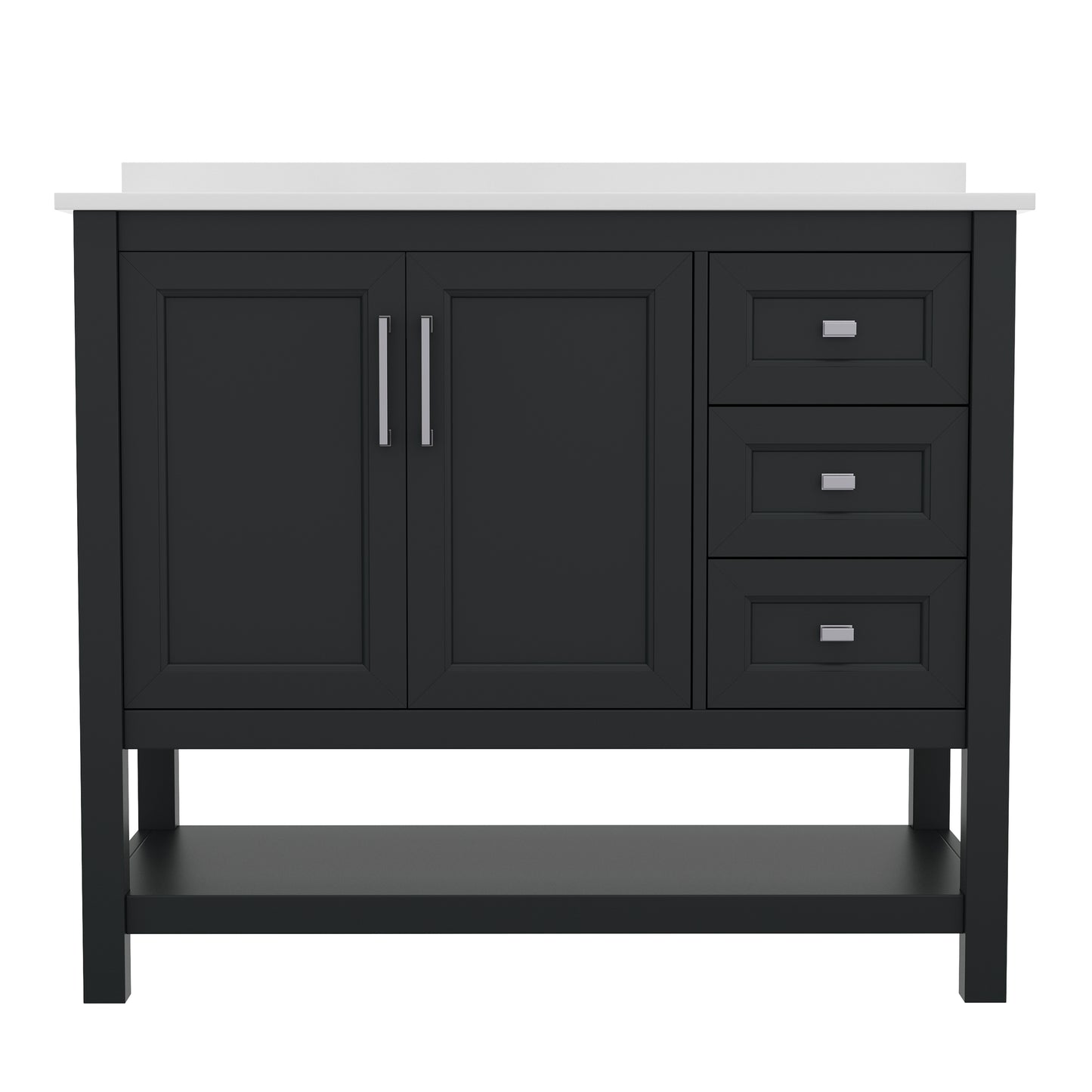 Vega 42 Inch Bathroom Vanity with Sink, Storage Cabinet with Soft Close Doors, Open Shelf and 3 Drawers, Carrara Marble Finish Countertop, Black