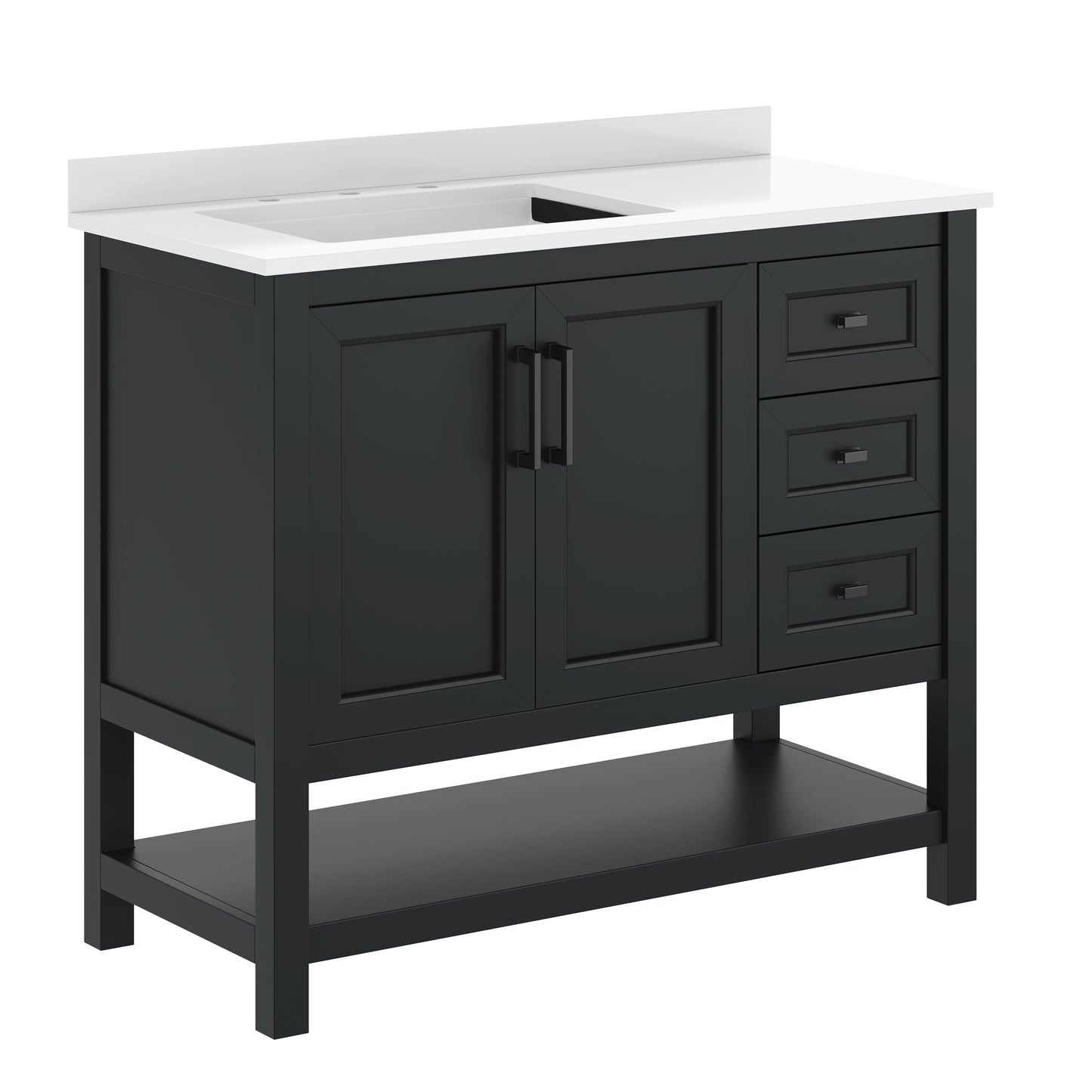 Vega 42" Bathroom Vanity with Sink, Cabinet with Black Hardware, Soft Close Doors, Open Shelf & 3 Drawers, Carrara Marble Finish Counter, Black/White