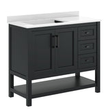 Vega 42" Bathroom Vanity with Sink, Cabinet with Black Hardware, Soft Close Doors, Open Shelf & 3 Drawers, Carrara Marble Finish Counter, Black/White