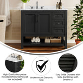 Vega 42" Bathroom Vanity with Sink, Cabinet with Black Hardware, Soft Close Doors, Open Shelf & 3 Drawers, Carrara Marble Finish Counter, Black/White