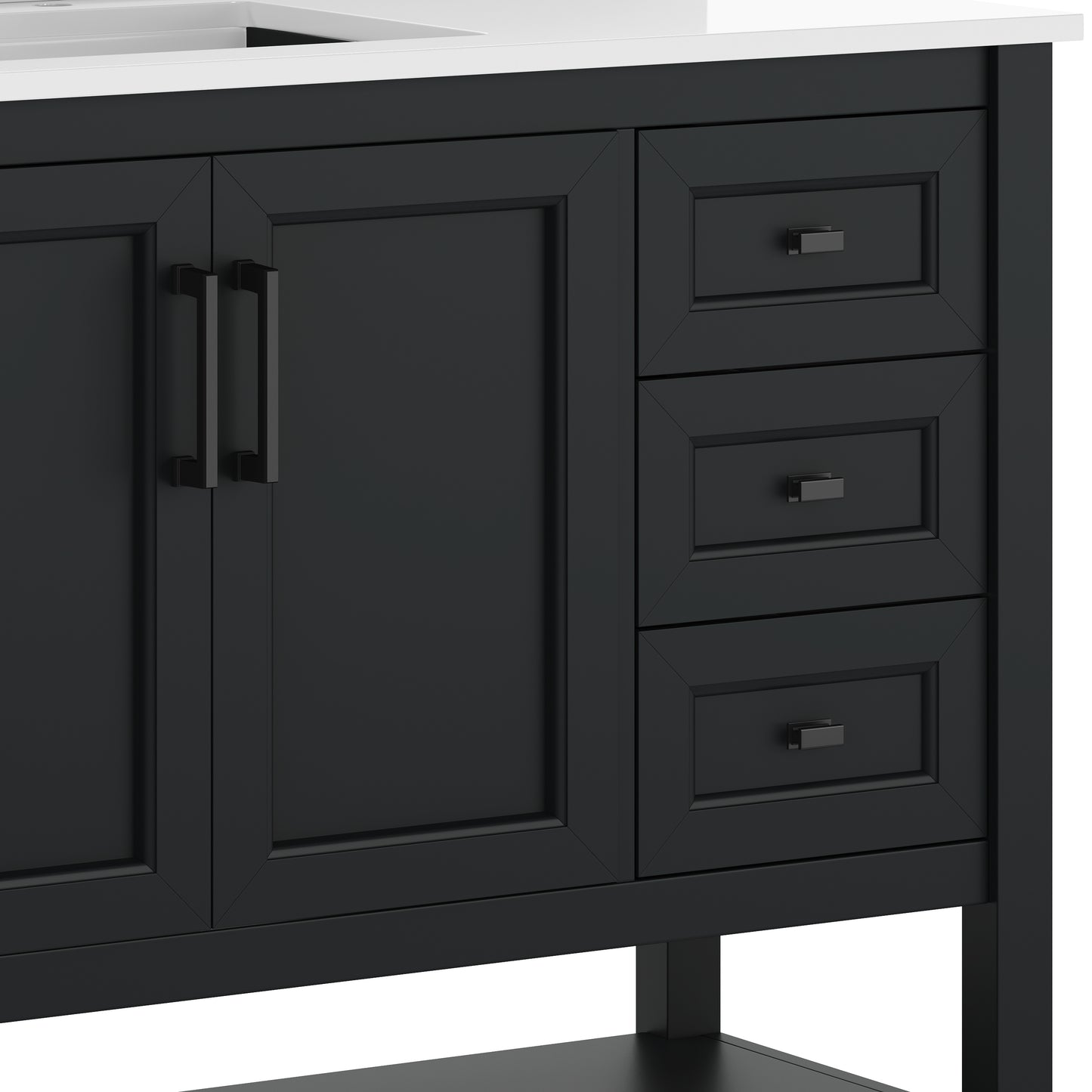 Vega 42" Bathroom Vanity with Sink, Cabinet with Black Hardware, Soft Close Doors, Open Shelf & 3 Drawers, Carrara Marble Finish Counter, Black/White