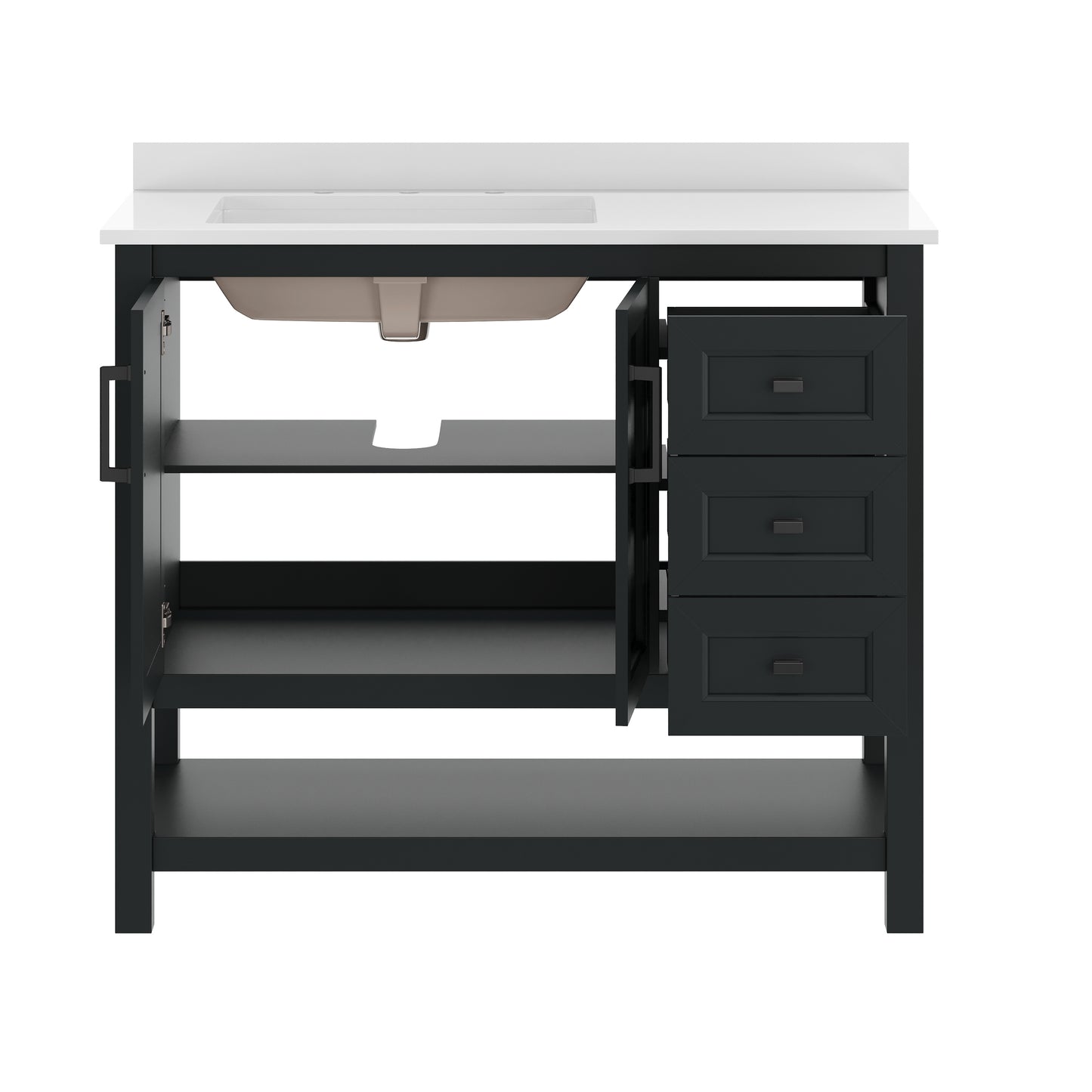 Vega 42" Bathroom Vanity with Sink, Cabinet with Black Hardware, Soft Close Doors, Open Shelf & 3 Drawers, Carrara Marble Finish Counter, Black/White