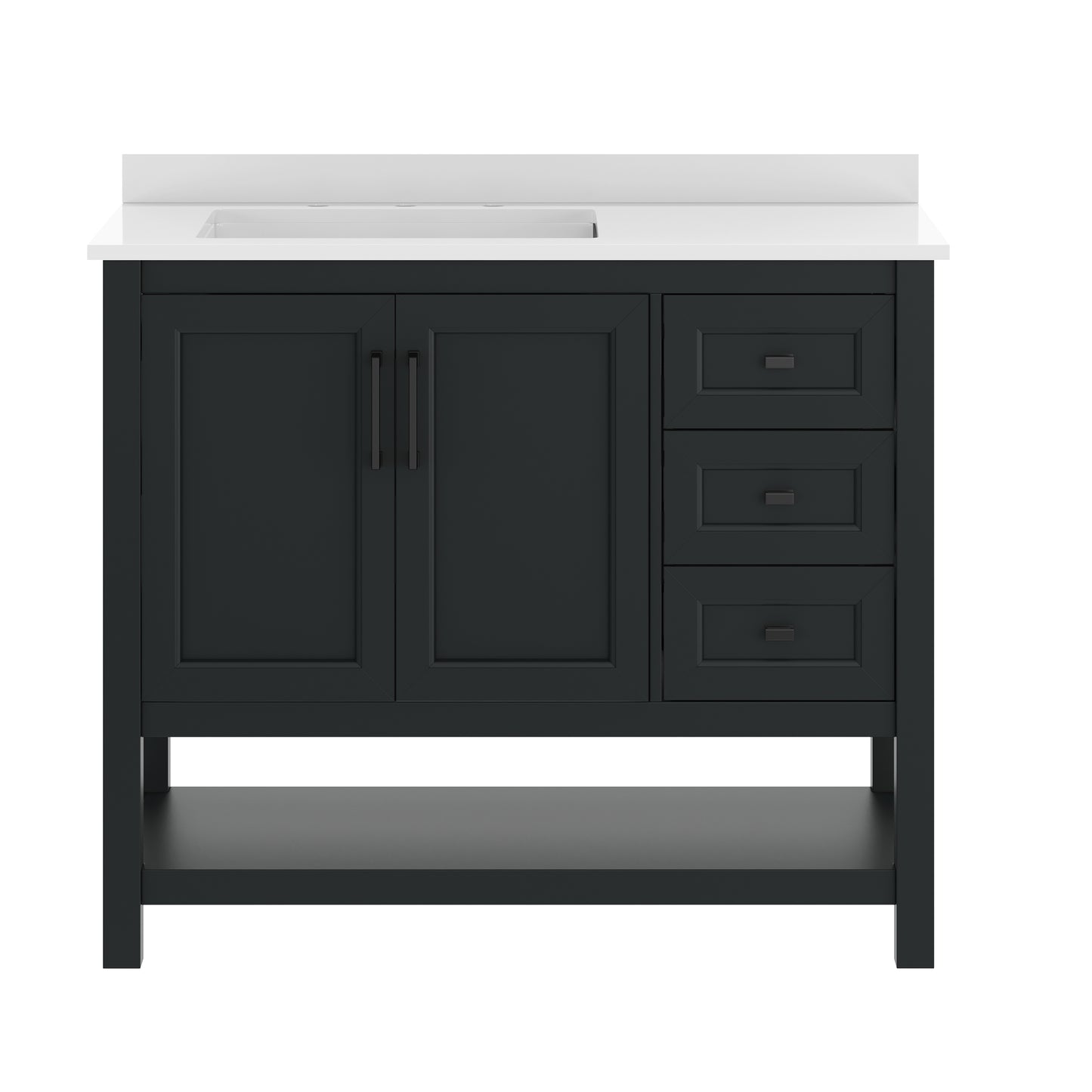 Vega 42" Bathroom Vanity with Sink, Cabinet with Black Hardware, Soft Close Doors, Open Shelf & 3 Drawers, Carrara Marble Finish Counter, Black/White