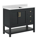Vega 42" Bathroom Vanity with Sink, Cabinet with Gold Hardware, Soft Close Doors, Open Shelf & 3 Drawers, Carrara Marble Finish Counter, Black/White