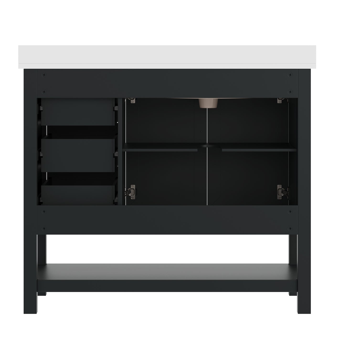 Vega 42" Bathroom Vanity with Sink, Cabinet with Gold Hardware, Soft Close Doors, Open Shelf & 3 Drawers, Carrara Marble Finish Counter, Black/White