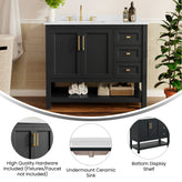 Vega 42" Bathroom Vanity with Sink, Cabinet with Gold Hardware, Soft Close Doors, Open Shelf & 3 Drawers, Carrara Marble Finish Counter, Black/White