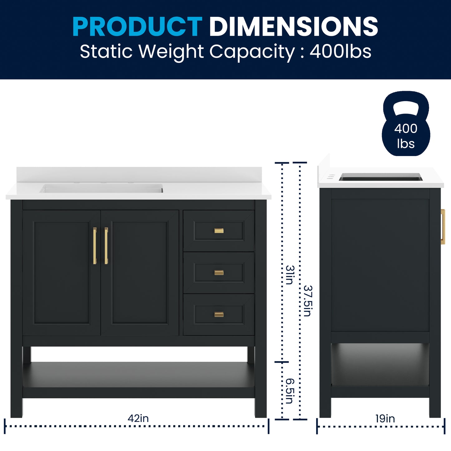 Vega 42" Bathroom Vanity with Sink, Cabinet with Gold Hardware, Soft Close Doors, Open Shelf & 3 Drawers, Carrara Marble Finish Counter, Black/White