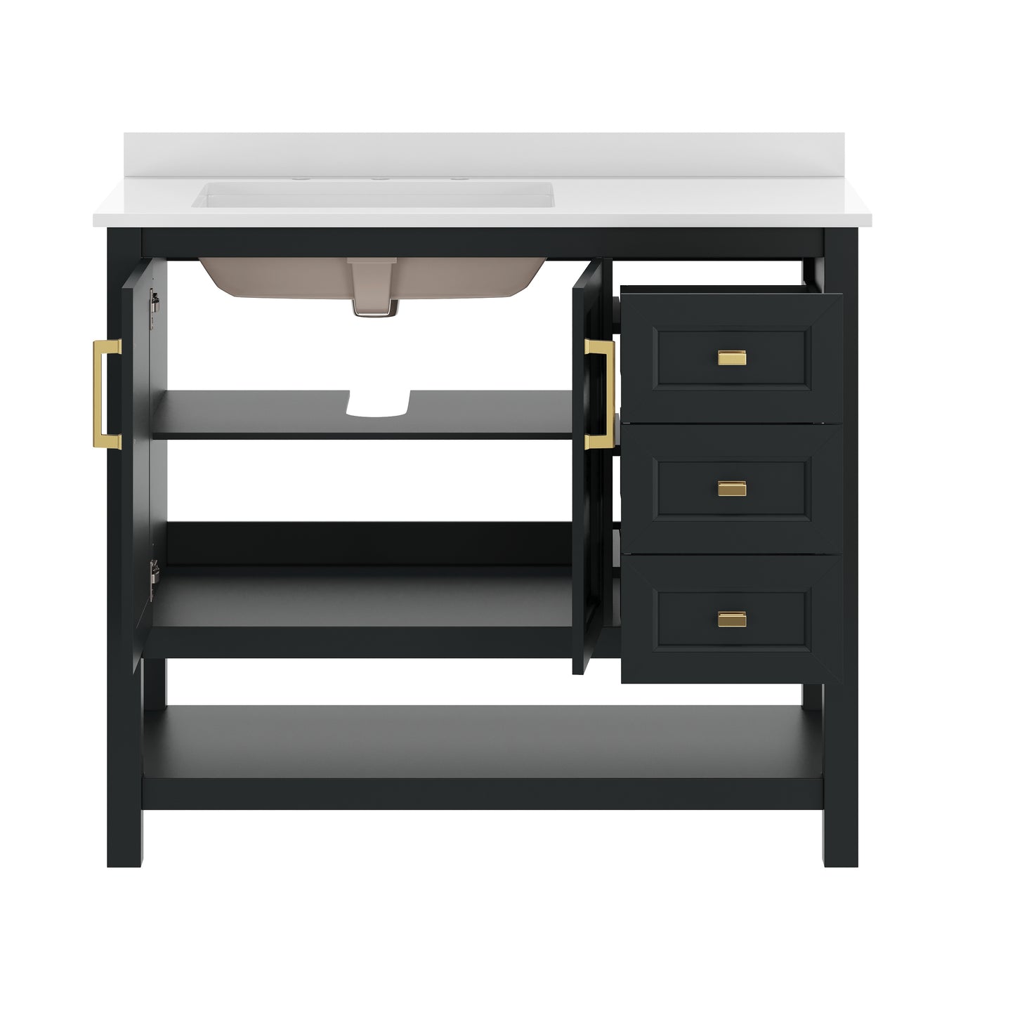 Vega 42" Bathroom Vanity with Sink, Cabinet with Gold Hardware, Soft Close Doors, Open Shelf & 3 Drawers, Carrara Marble Finish Counter, Black/White