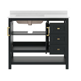 Vega 42" Bathroom Vanity with Sink, Cabinet with Gold Hardware, Soft Close Doors, Open Shelf & 3 Drawers, Carrara Marble Finish Counter, Black/White