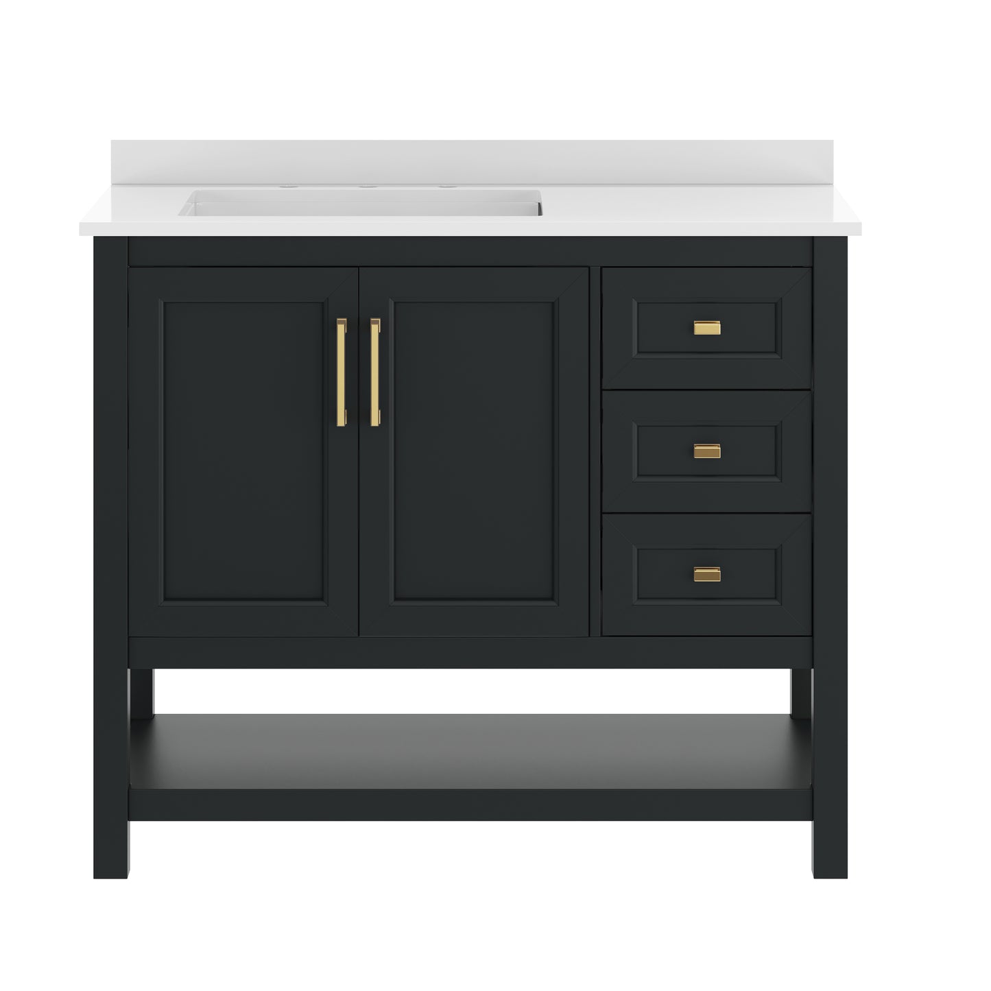 Vega 42" Bathroom Vanity with Sink, Cabinet with Gold Hardware, Soft Close Doors, Open Shelf & 3 Drawers, Carrara Marble Finish Counter, Black/White
