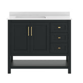 Vega 42" Bathroom Vanity with Sink, Cabinet with Gold Hardware, Soft Close Doors, Open Shelf & 3 Drawers, Carrara Marble Finish Counter, Black/White