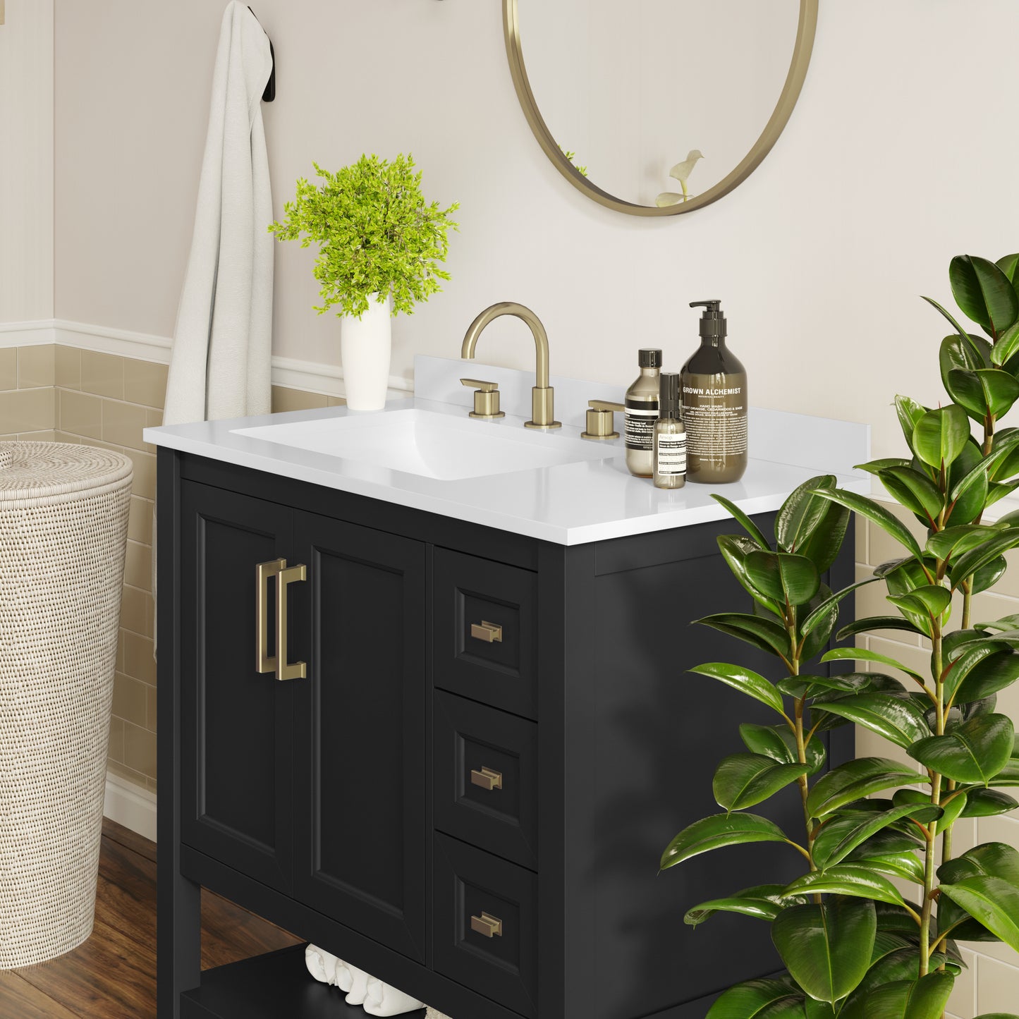 Vega 42" Bathroom Vanity with Sink, Cabinet with Gold Hardware, Soft Close Doors, Open Shelf & 3 Drawers, Carrara Marble Finish Counter, Black/White