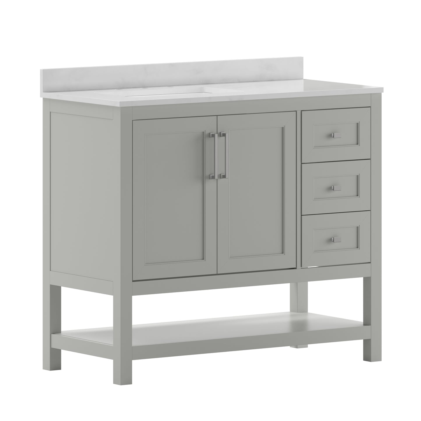 Vega 42 Inch Bathroom Vanity with Sink, Storage Cabinet with Soft Close Doors, Open Shelf and 3 Drawers, Carrara Marble Finish Countertop, Gray/White