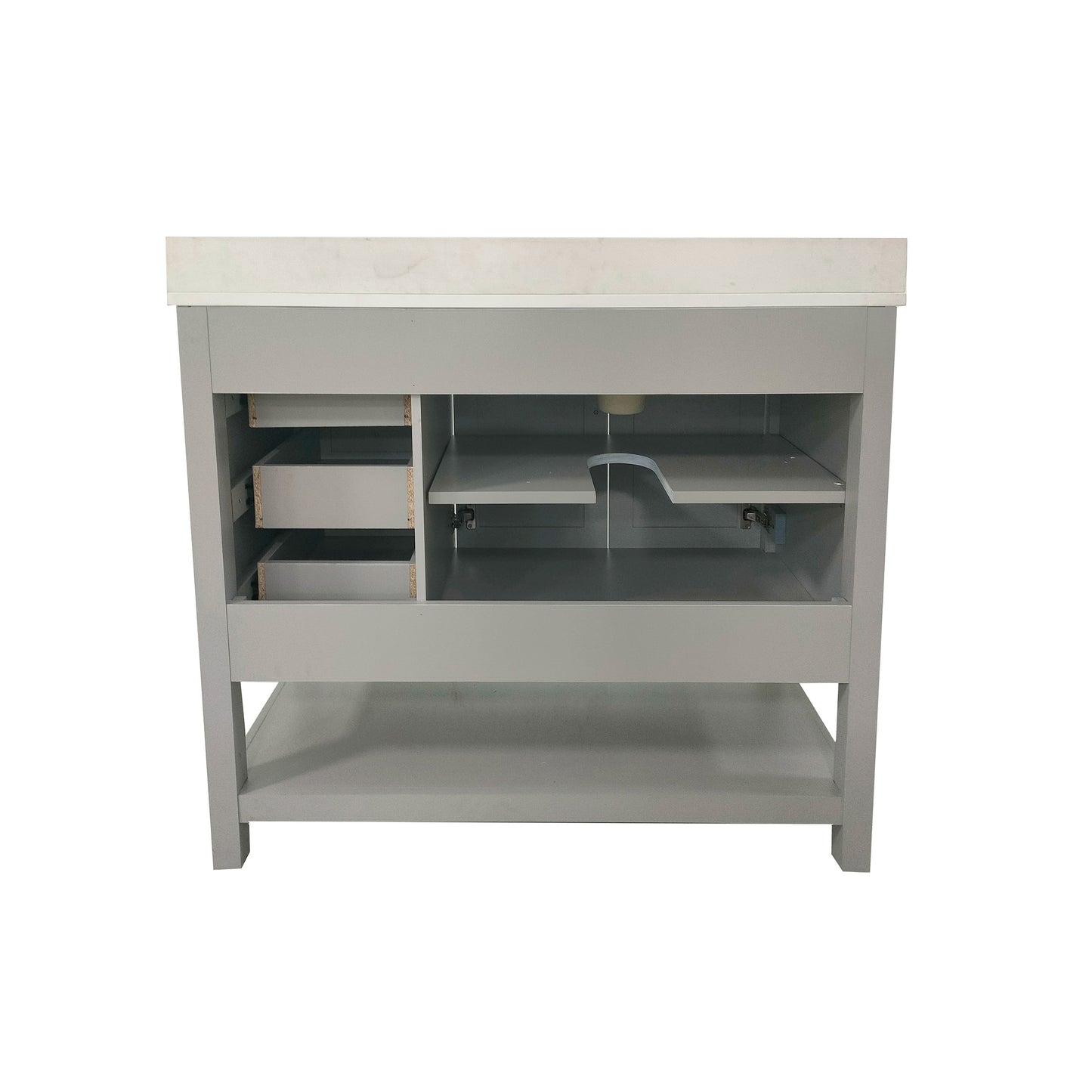 Vega 42 Inch Bathroom Vanity with Sink, Storage Cabinet with Soft Close Doors, Open Shelf and 3 Drawers, Carrara Marble Finish Countertop, Gray/White