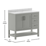 Vega 42 Inch Bathroom Vanity with Sink, Storage Cabinet with Soft Close Doors, Open Shelf and 3 Drawers, Carrara Marble Finish Countertop, Gray/White