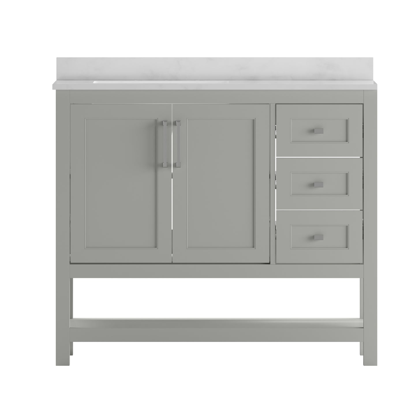 Vega 42 Inch Bathroom Vanity with Sink, Storage Cabinet with Soft Close Doors, Open Shelf and 3 Drawers, Carrara Marble Finish Countertop, Gray/White