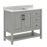 Vega 42" Bathroom Vanity with Sink, Cabinet with Black Hardware, Soft Close Doors, Open Shelf & 3 Drawers, Carrara Marble Finish Counter, Gray/White