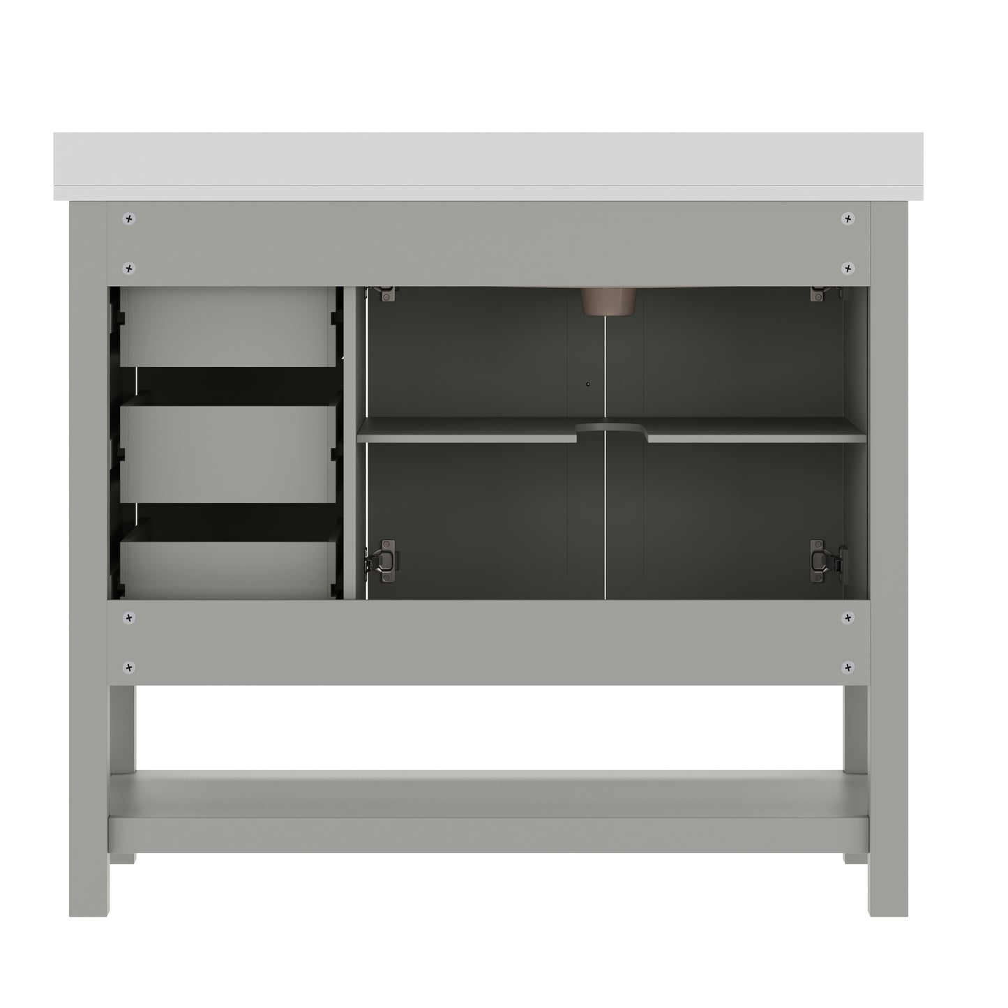 Vega 42" Bathroom Vanity with Sink, Cabinet with Black Hardware, Soft Close Doors, Open Shelf & 3 Drawers, Carrara Marble Finish Counter, Gray/White
