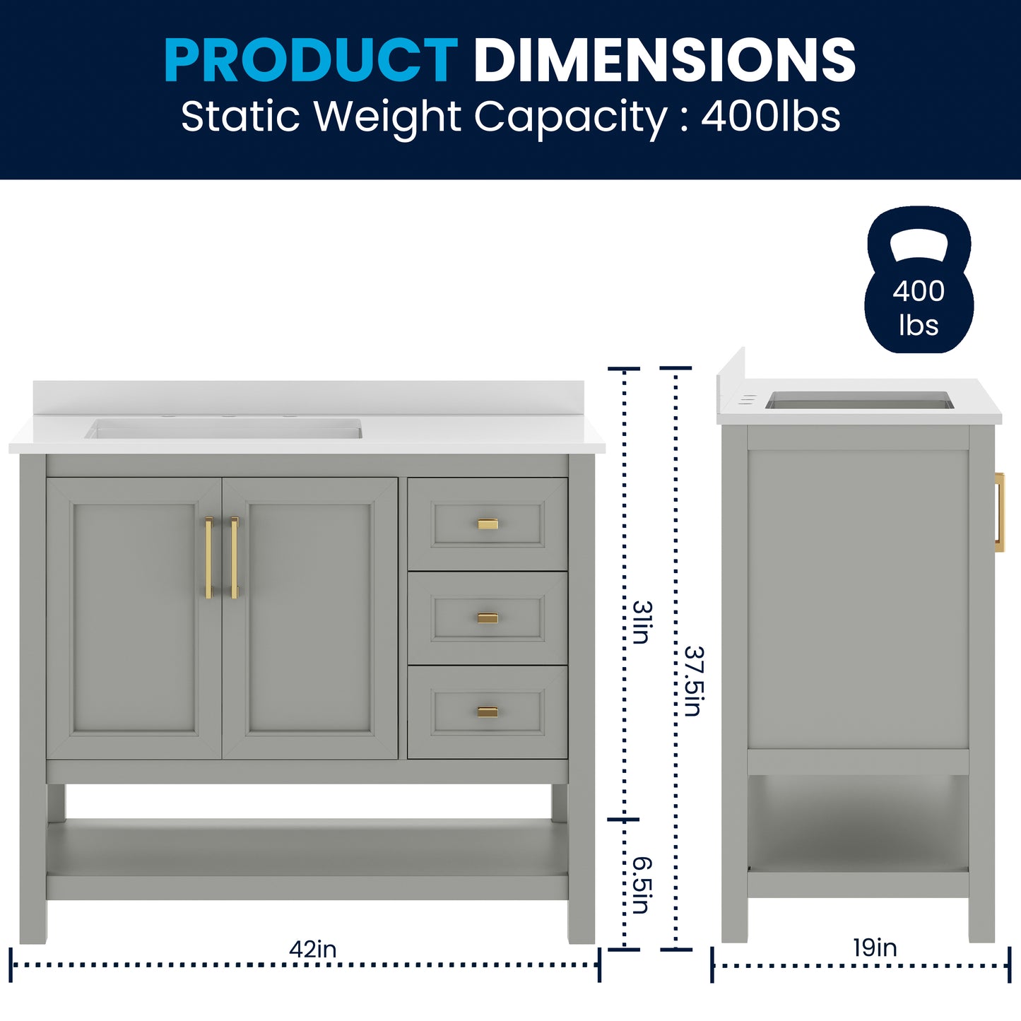 Vega 42" Bathroom Vanity with Sink, Cabinet with Black Hardware, Soft Close Doors, Open Shelf & 3 Drawers, Carrara Marble Finish Counter, Gray/White