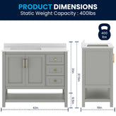 Vega 42" Bathroom Vanity with Sink, Cabinet with Black Hardware, Soft Close Doors, Open Shelf & 3 Drawers, Carrara Marble Finish Counter, Gray/White