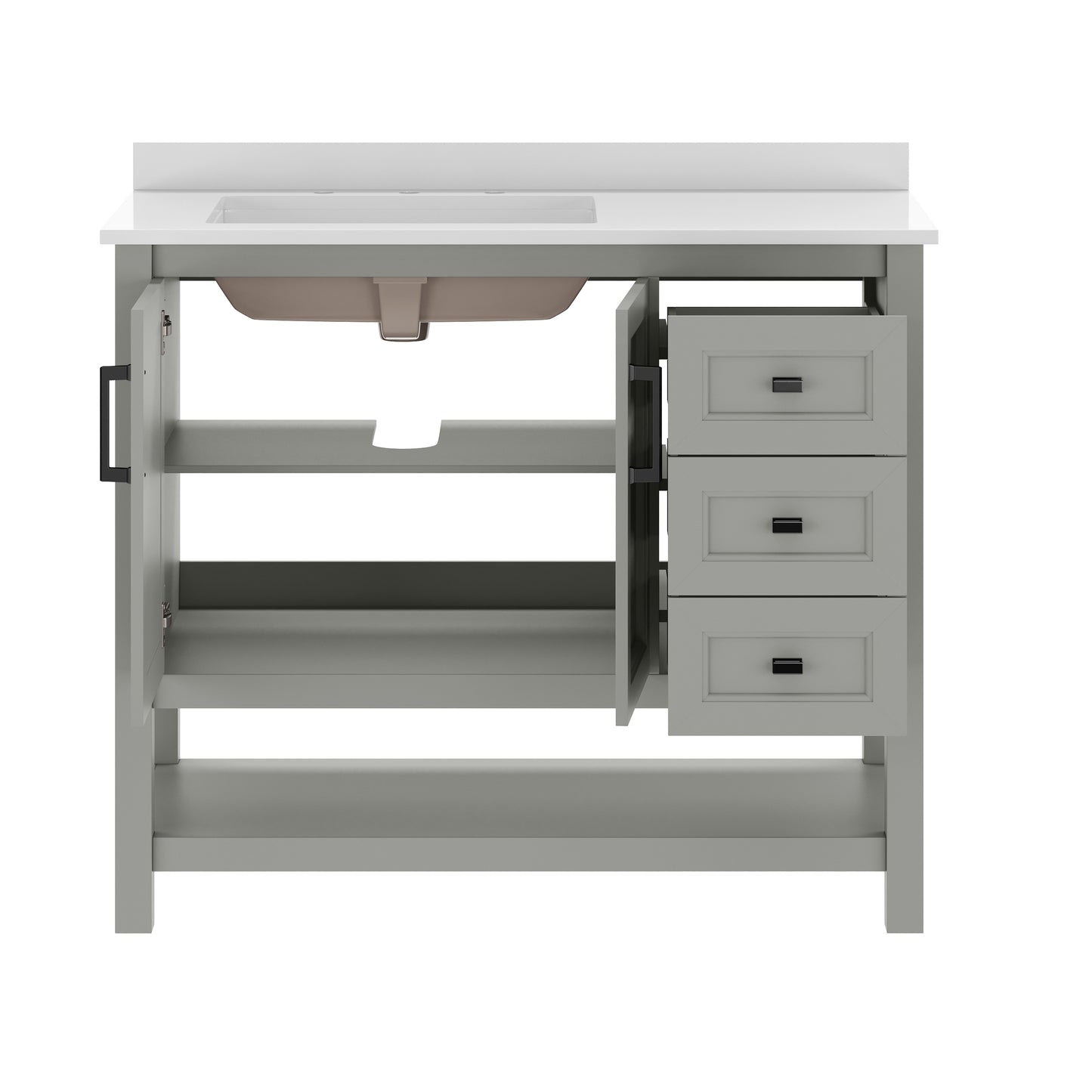 Vega 42" Bathroom Vanity with Sink, Cabinet with Black Hardware, Soft Close Doors, Open Shelf & 3 Drawers, Carrara Marble Finish Counter, Gray/White