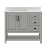 Vega 42" Bathroom Vanity with Sink, Cabinet with Black Hardware, Soft Close Doors, Open Shelf & 3 Drawers, Carrara Marble Finish Counter, Gray/White