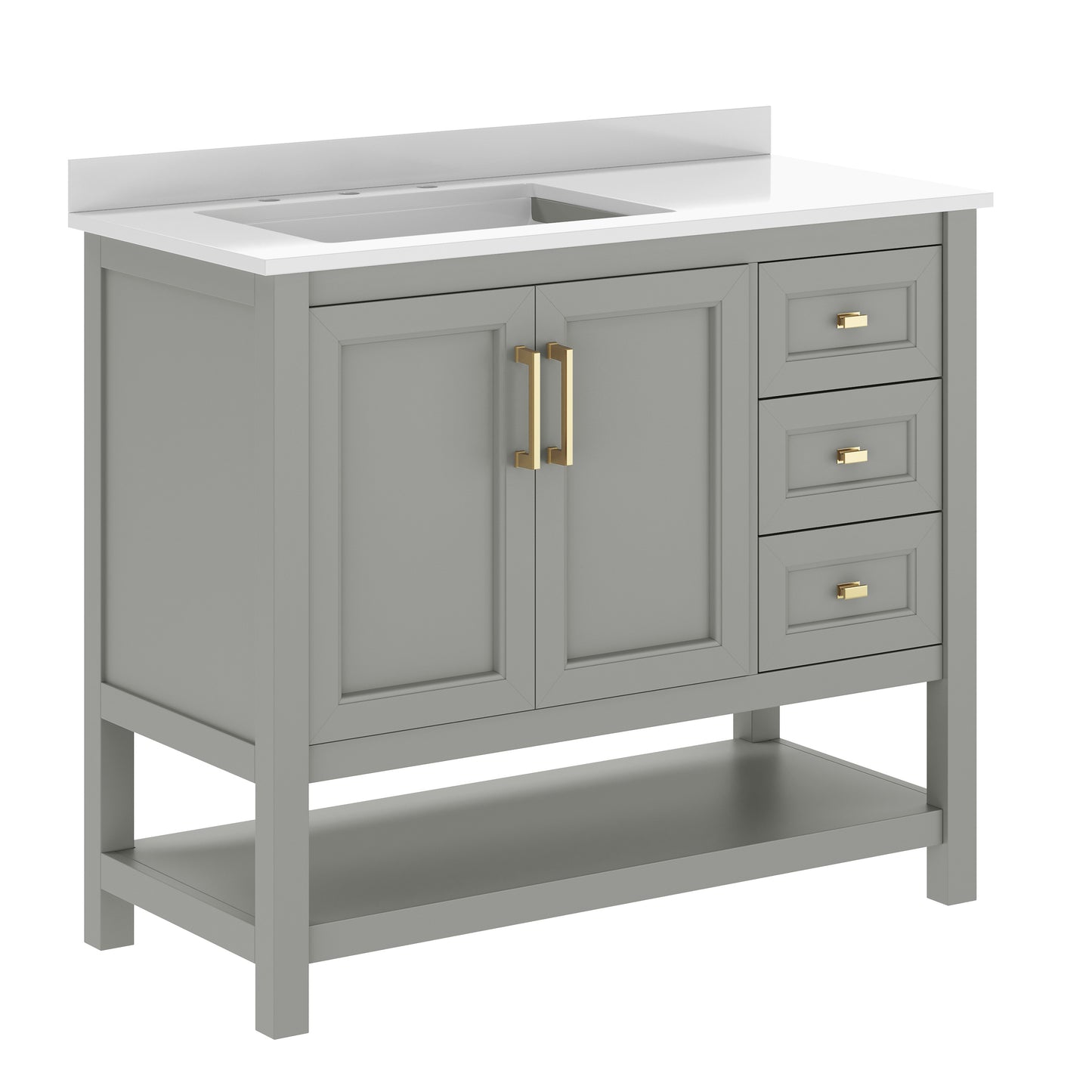 Vega 42" Bathroom Vanity with Sink, Cabinet with Gold Hardware, Soft Close Doors, Open Shelf & 3 Drawers, Carrara Marble Finish Counter, Gray/White