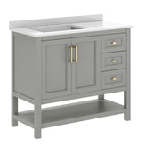 Vega 42" Bathroom Vanity with Sink, Cabinet with Gold Hardware, Soft Close Doors, Open Shelf & 3 Drawers, Carrara Marble Finish Counter, Gray/White