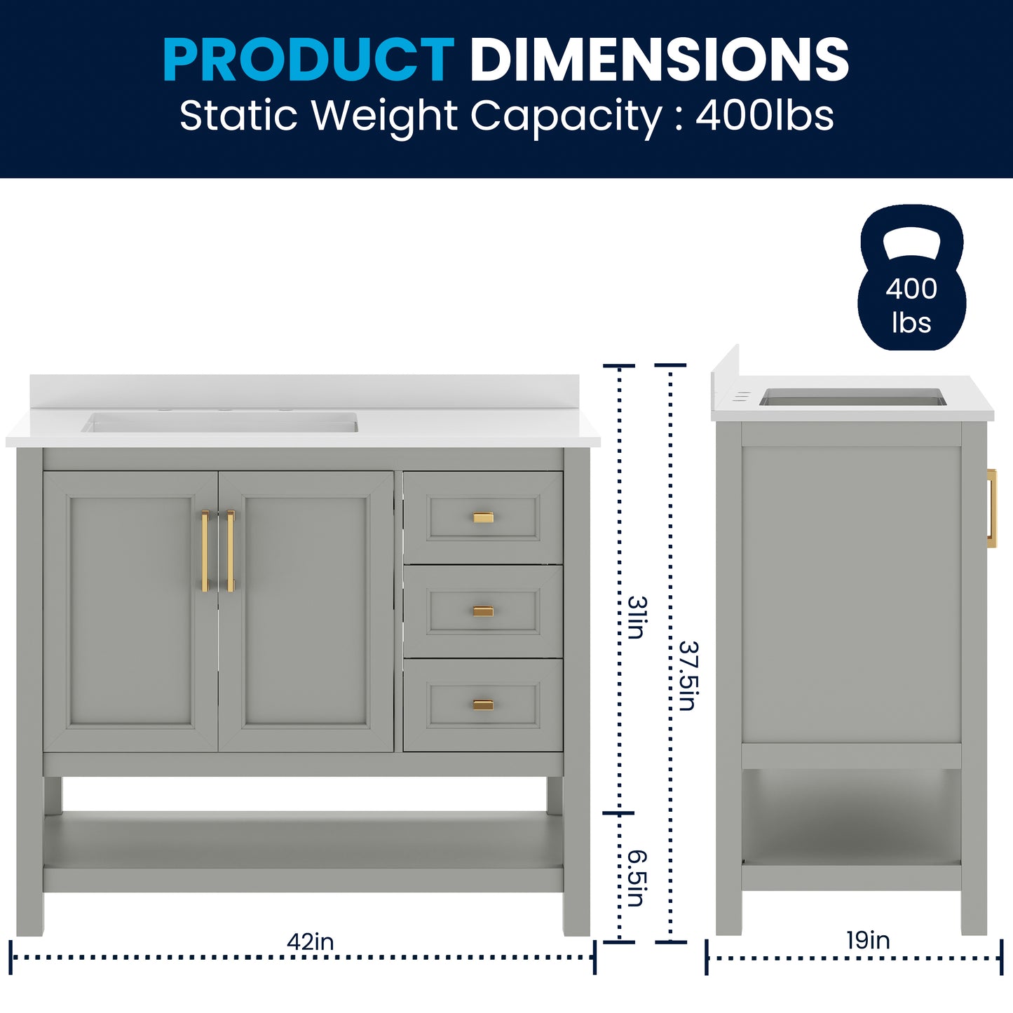 Vega 42" Bathroom Vanity with Sink, Cabinet with Gold Hardware, Soft Close Doors, Open Shelf & 3 Drawers, Carrara Marble Finish Counter, Gray/White