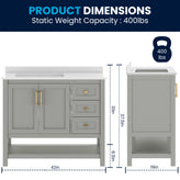 Vega 42" Bathroom Vanity with Sink, Cabinet with Gold Hardware, Soft Close Doors, Open Shelf & 3 Drawers, Carrara Marble Finish Counter, Gray/White