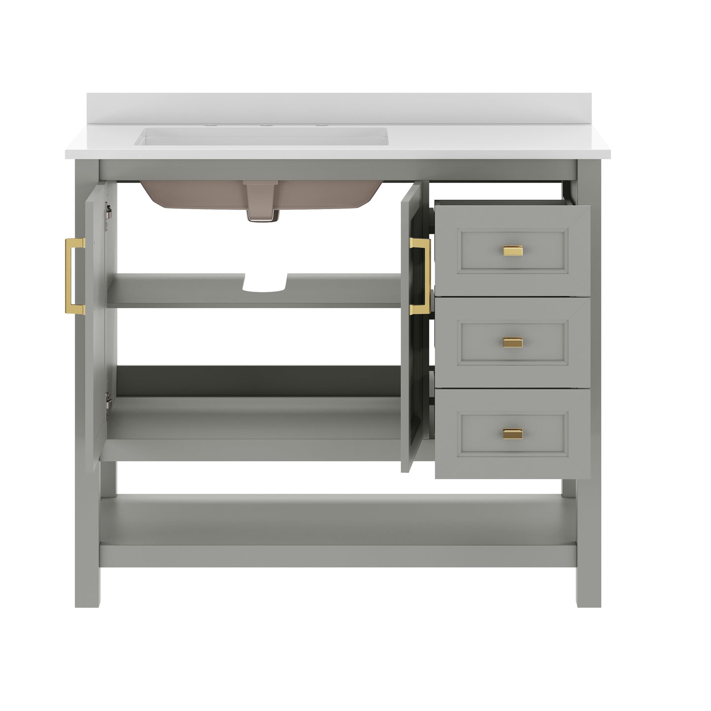 Vega 42" Bathroom Vanity with Sink, Cabinet with Gold Hardware, Soft Close Doors, Open Shelf & 3 Drawers, Carrara Marble Finish Counter, Gray/White