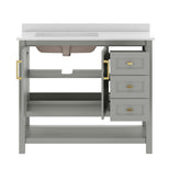 Vega 42" Bathroom Vanity with Sink, Cabinet with Gold Hardware, Soft Close Doors, Open Shelf & 3 Drawers, Carrara Marble Finish Counter, Gray/White