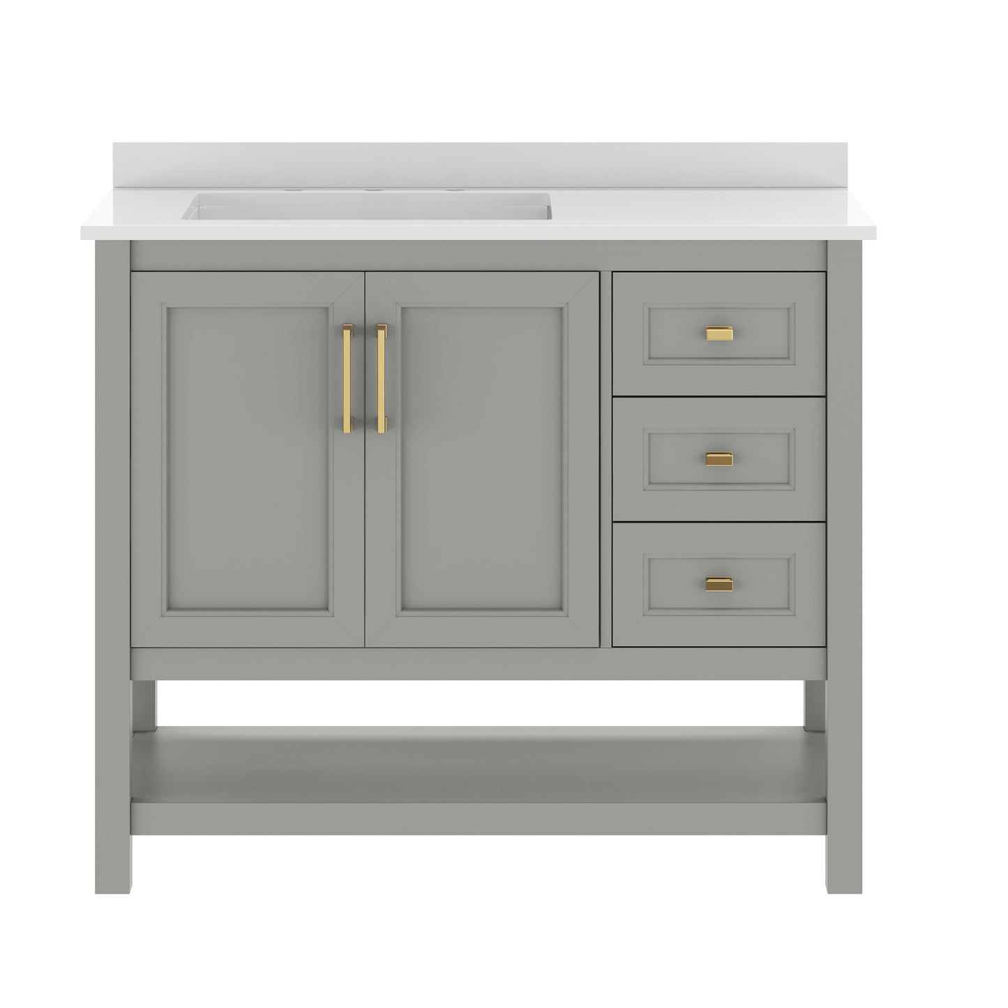 Vega 42" Bathroom Vanity with Sink, Cabinet with Gold Hardware, Soft Close Doors, Open Shelf & 3 Drawers, Carrara Marble Finish Counter, Gray/White