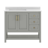 Vega 42" Bathroom Vanity with Sink, Cabinet with Gold Hardware, Soft Close Doors, Open Shelf & 3 Drawers, Carrara Marble Finish Counter, Gray/White