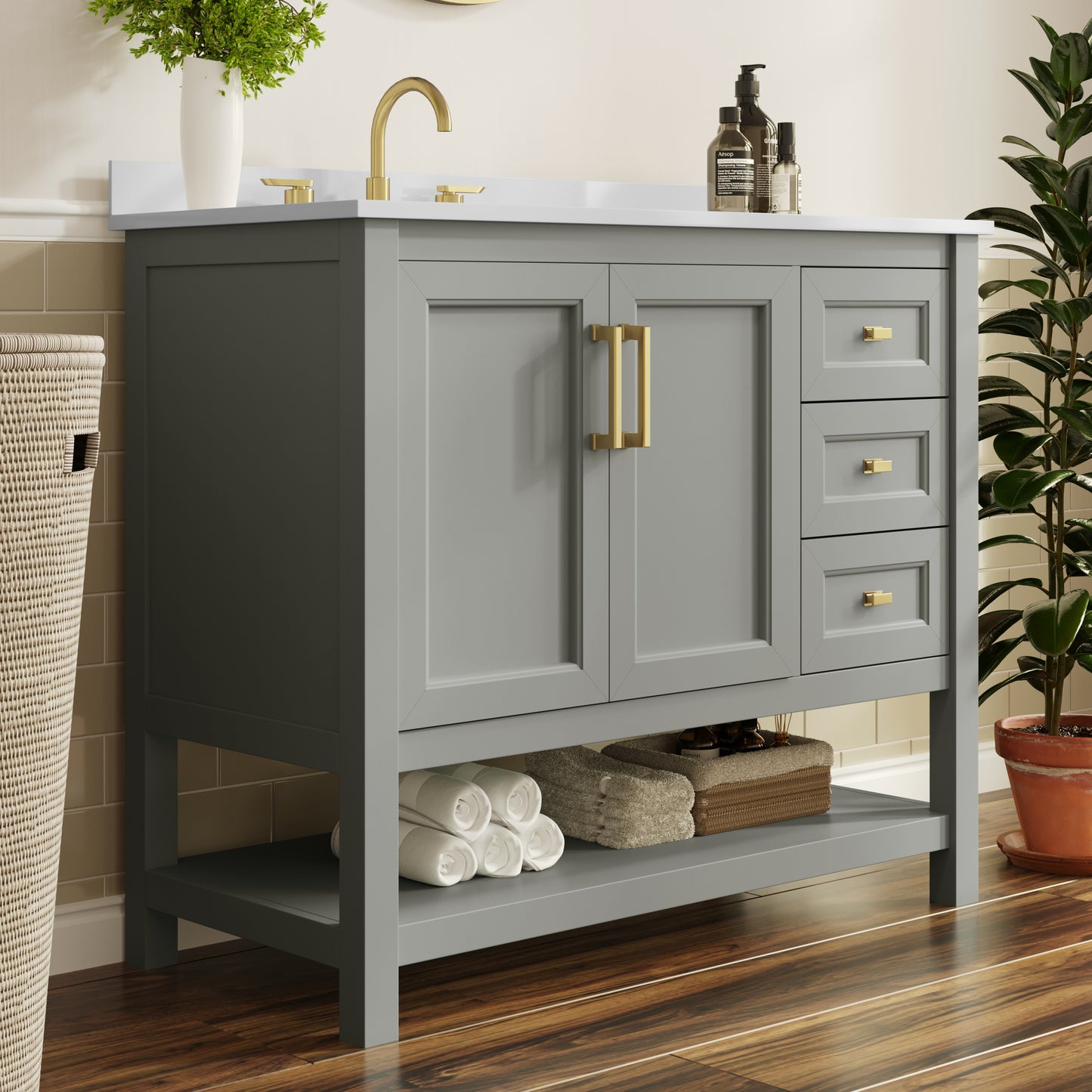 Vega 42" Bathroom Vanity with Sink, Cabinet with Gold Hardware, Soft Close Doors, Open Shelf & 3 Drawers, Carrara Marble Finish Counter, Gray/White