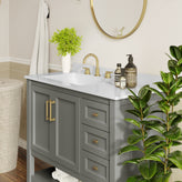 Vega 42" Bathroom Vanity with Sink, Cabinet with Gold Hardware, Soft Close Doors, Open Shelf & 3 Drawers, Carrara Marble Finish Counter, Gray/White