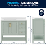 Vega 42 Inch Bathroom Vanity with Sink, Storage Cabinet with Soft Close Doors, Open Shelf and 3 Drawers, Carrara Marble Finish Countertop, Sage