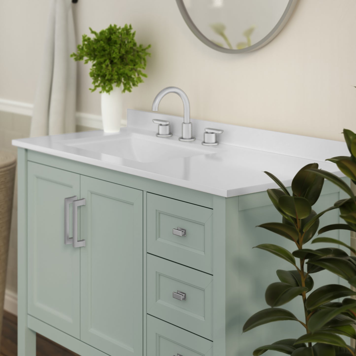 Vega 42 Inch Bathroom Vanity with Sink, Storage Cabinet with Soft Close Doors, Open Shelf and 3 Drawers, Carrara Marble Finish Countertop, Sage