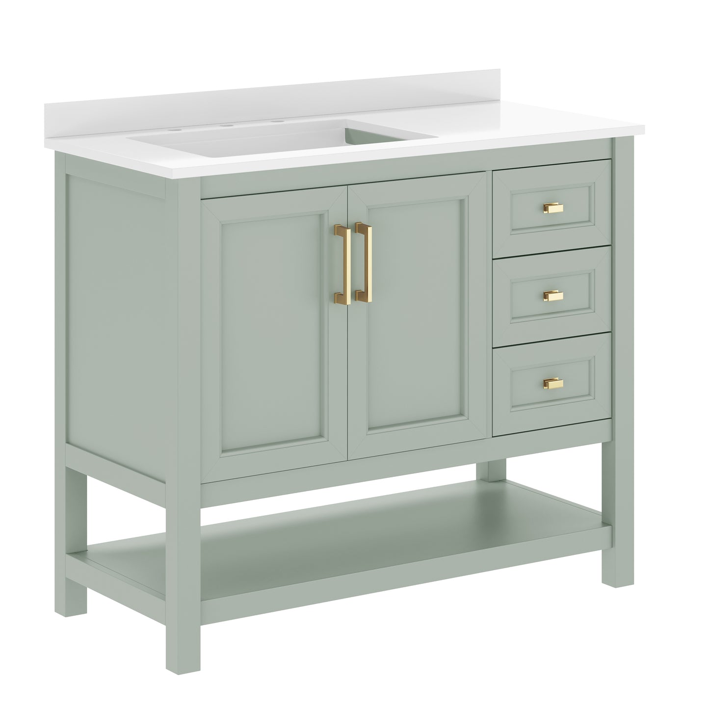 Vega 42" Bathroom Vanity with Sink, Cabinet with Gold Hardware, Soft Close Doors, Open Shelf & 3 Drawers, Carrara Marble Finish Counter, Sage/White
