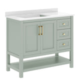 Vega 42" Bathroom Vanity with Sink, Cabinet with Gold Hardware, Soft Close Doors, Open Shelf & 3 Drawers, Carrara Marble Finish Counter, Sage/White