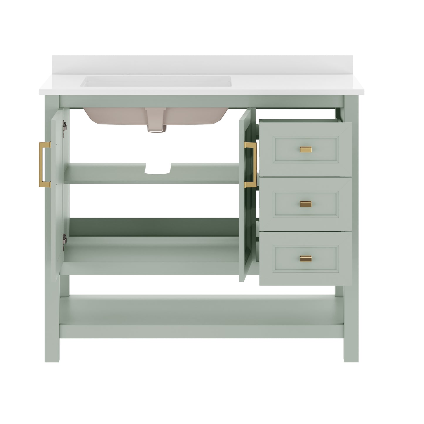 Vega 42" Bathroom Vanity with Sink, Cabinet with Gold Hardware, Soft Close Doors, Open Shelf & 3 Drawers, Carrara Marble Finish Counter, Sage/White