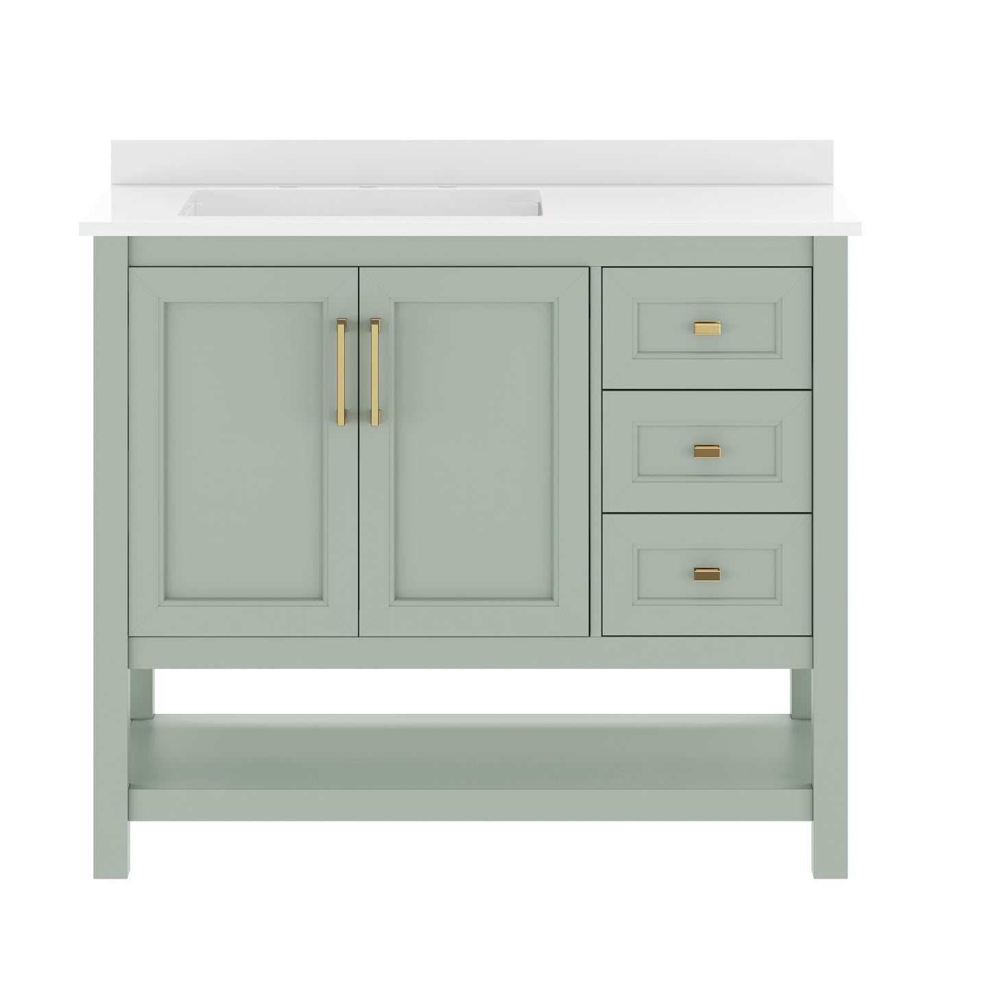 Vega 42" Bathroom Vanity with Sink, Cabinet with Gold Hardware, Soft Close Doors, Open Shelf & 3 Drawers, Carrara Marble Finish Counter, Sage/White