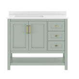 Vega 42" Bathroom Vanity with Sink, Cabinet with Gold Hardware, Soft Close Doors, Open Shelf & 3 Drawers, Carrara Marble Finish Counter, Sage/White
