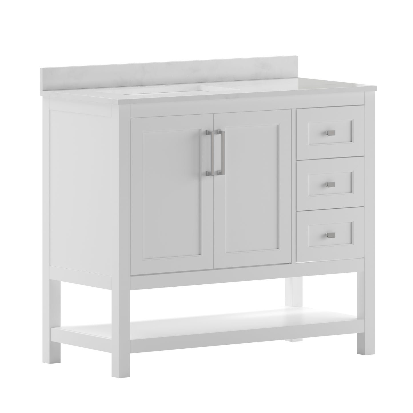 Vega 42 Inch Bathroom Vanity with Sink, Storage Cabinet with Soft Close Doors, Open Shelf and 3 Drawers, Carrara Marble Finish Countertop, White/White