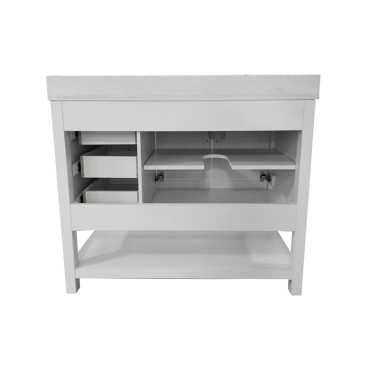 Vega 42 Inch Bathroom Vanity with Sink, Storage Cabinet with Soft Close Doors, Open Shelf and 3 Drawers, Carrara Marble Finish Countertop, White/White
